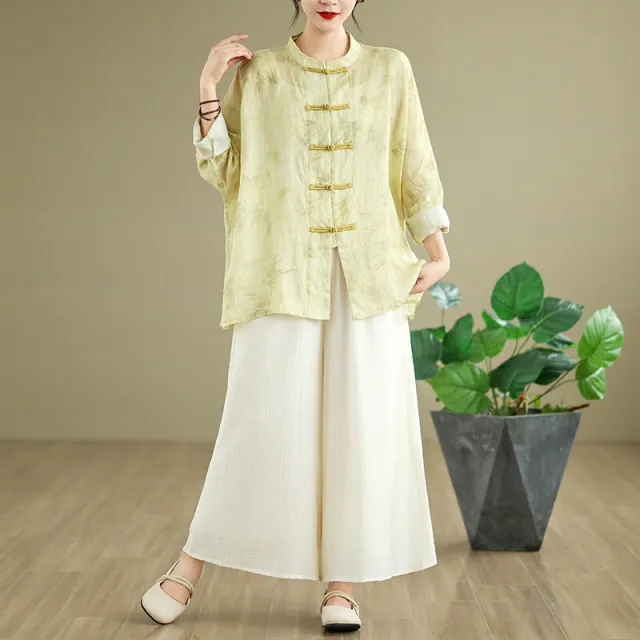Ramie Frog Button Cardigan Coat Anti DDoS All match Suit Bamboo Top Pants - Shop at LoveMi