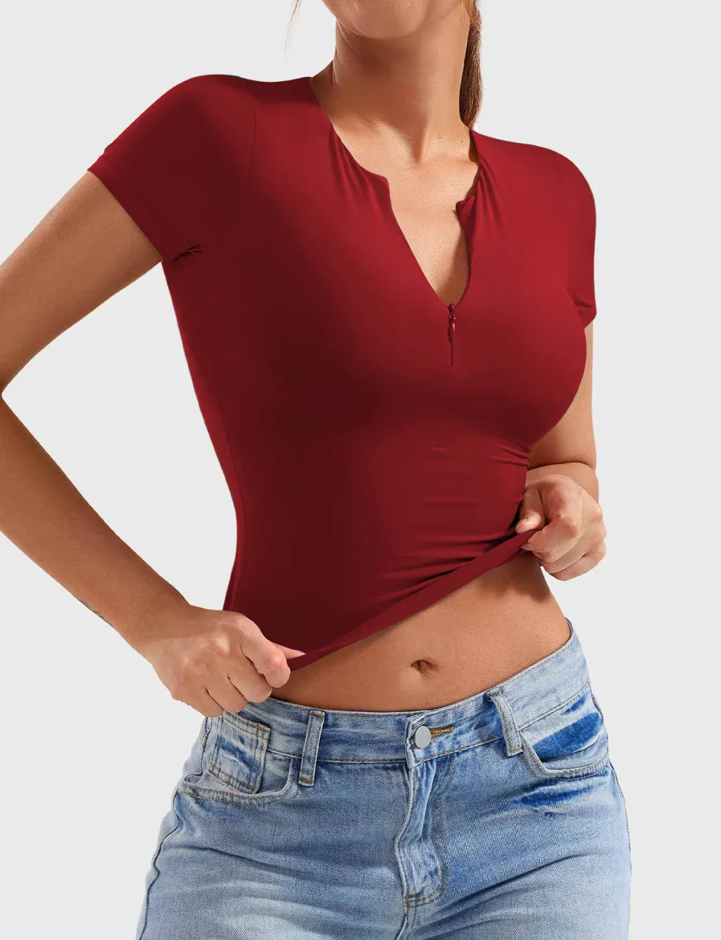 Slim Fit Fashion Yoga Short Sleeve Half Zip Top - Red