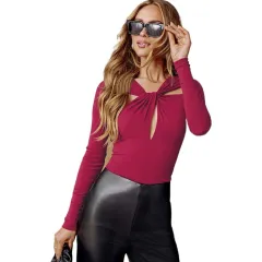Women's Autumn And Winter New Street Fashion Knitted Long-sleeved Hollow-out Design Slim-fit Top - Purplish Red - View 1