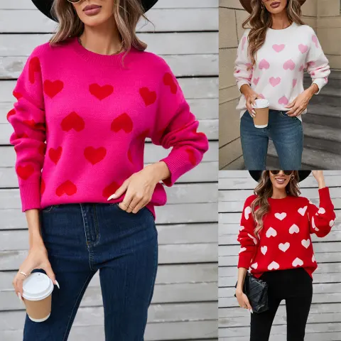 New Womens Heart Shaped Sweater for Valentines Day Crew