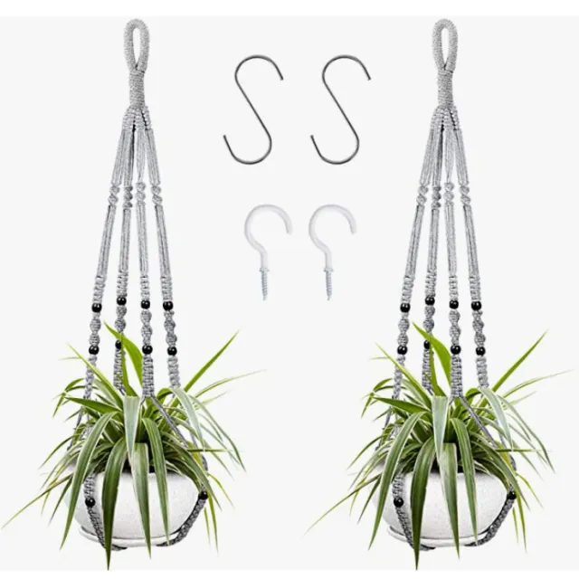 Flower Pot Net Pocket Bohemian Hand woven Cotton String Gray Two Pieces - Shop at LoveMi