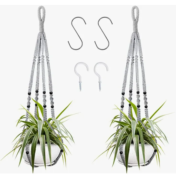 Flower Pot Net Pocket Bohemian Hand-woven Cotton String - Gray Two Pieces