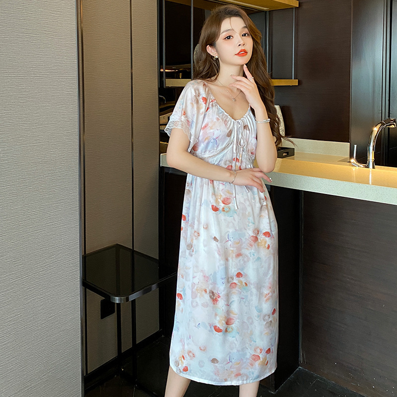 Floating Dream Nightdress Women's Lace Ice Silk Floral Pajamas Home Wear Women Floral - Shop at LoveMi