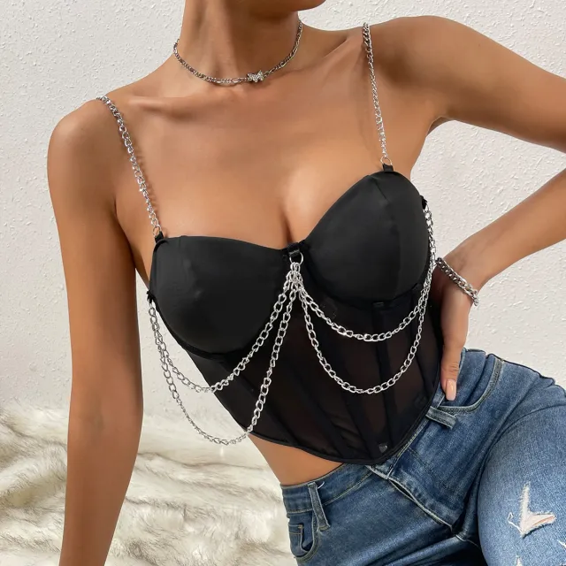 Mesh Sheer Deep V Neck Asymmetrical Underwire Fishbone Backless Chain Strap Top Black - Shop at LoveMi