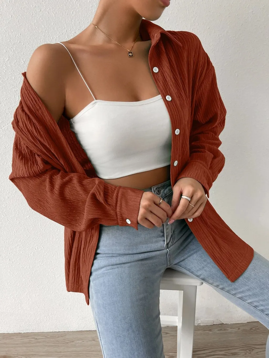 Women's Fashion Polo Collar Long-sleeved Shirt - Red