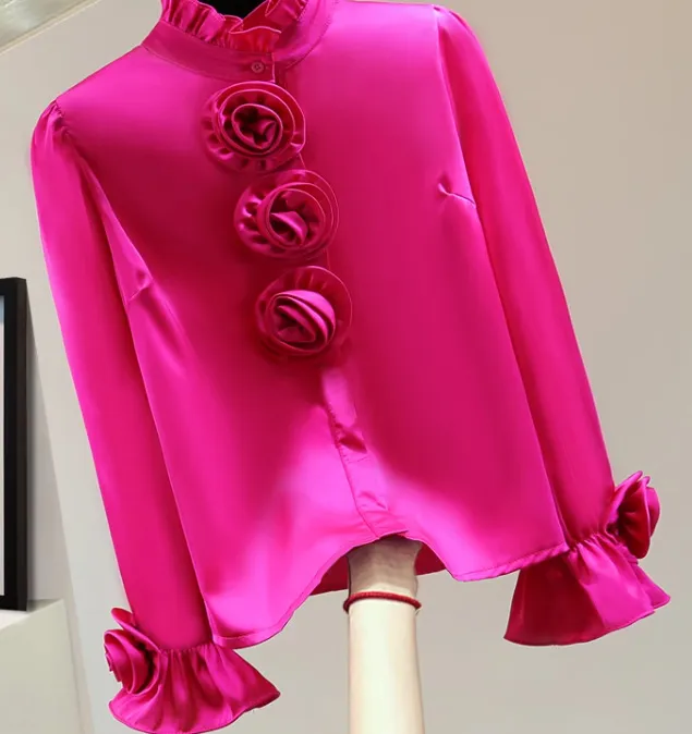 Flower Long Sleeve Casual Shirt Spring New Loose Slimming Red - Shop at LoveMi