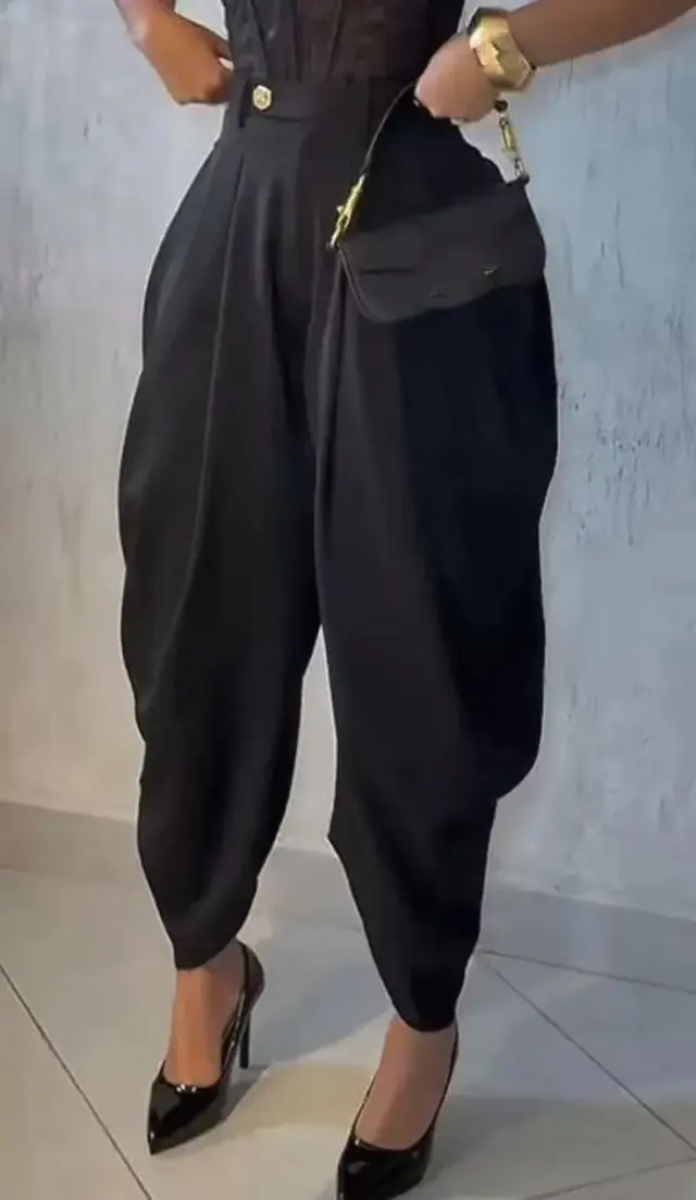 High Waist Loose Drooping Pleated Irregular Tapered Casual Pants Trousers Black - Shop at LoveMi