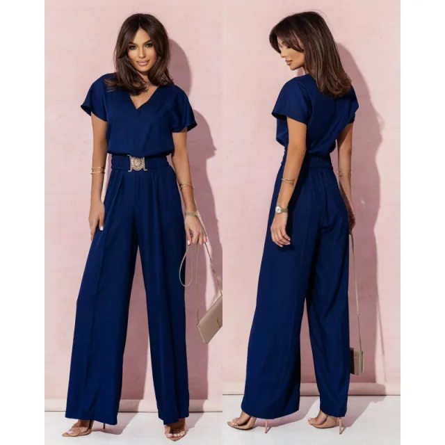 Solid Color And V neck Waist Trimming Short sleeved Casual Trousers Jumpsuit Blue - Shop at LoveMi