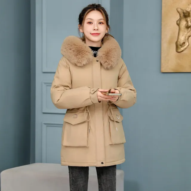 Waist Slimming Elegant Parka Cotton padded Coat Fur Collar Western Style Velvet Lining Warm Coat Khaki - Shop at LoveMi