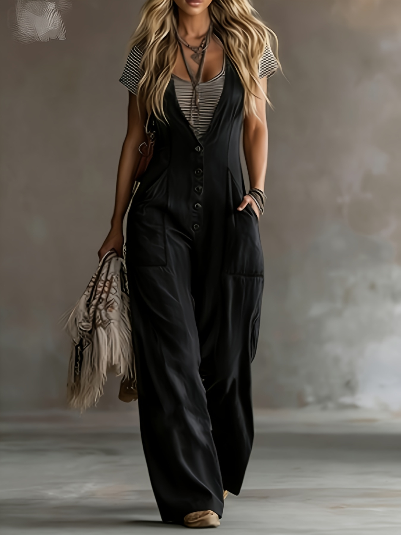 Sleeveless jumpsuit, model wearing lifestyle photo showing complete outfit styling