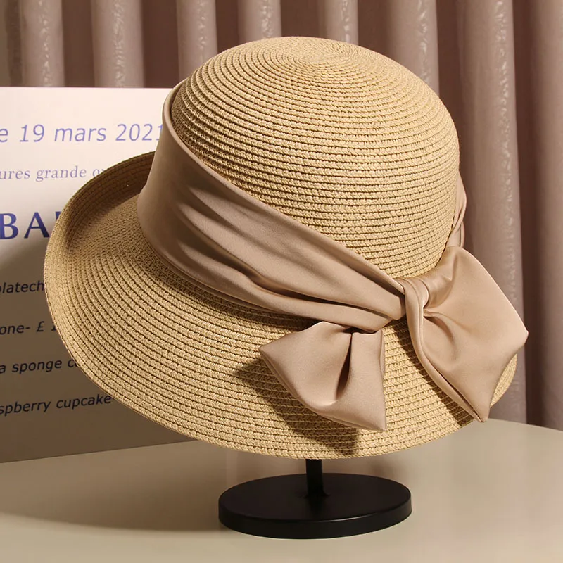 Women's Summer French Vintage Bow Bucket Hat - Beige