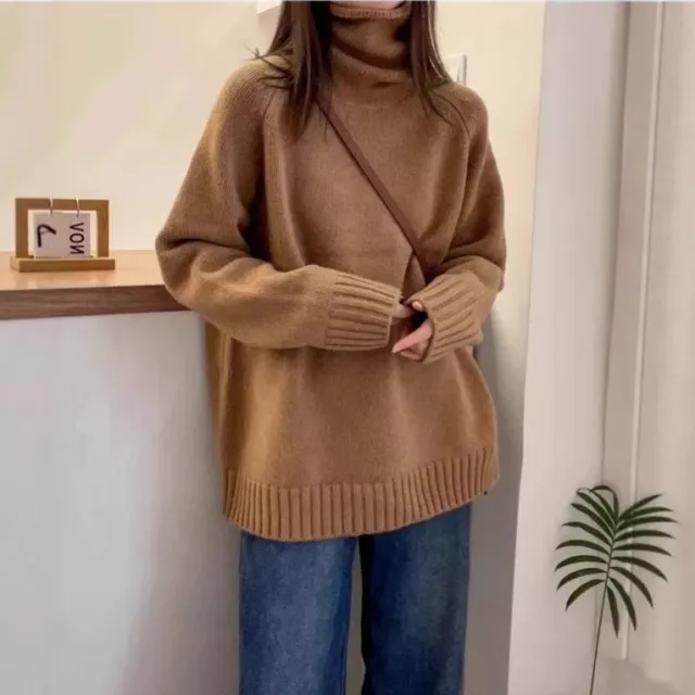 Women's Turtleneck Sweater Loose Thick Curling Pile Collar Idle Style Camel - Shop at LoveMi