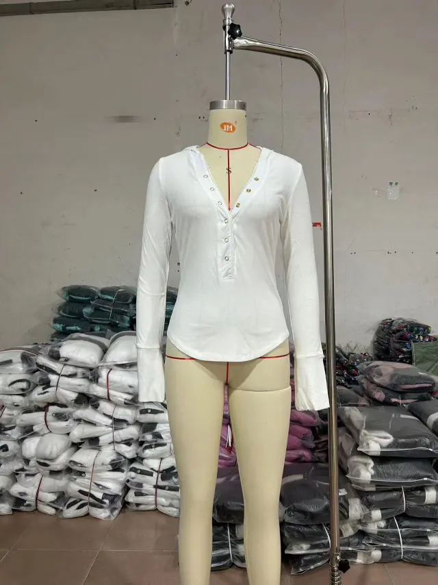 Solid Color Long Sleeve Single breasted Hooded T shirt White - Shop at LoveMi