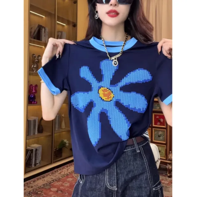 Summer New Color blocking Versatile Loose Cotton Top Sapphire Blue - Shop at LoveMi
