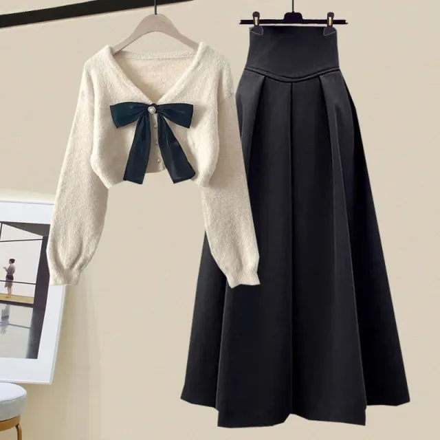 Women's Gentle Oversized Knitted Cardigan Sweater With Skirt Apricot Sweater Black Skirt - Shop at LoveMi