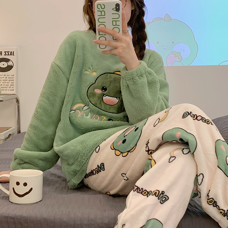 Embroidery Thickening Warm Drawstring Coral Velvet Pajamas Girls — image 1