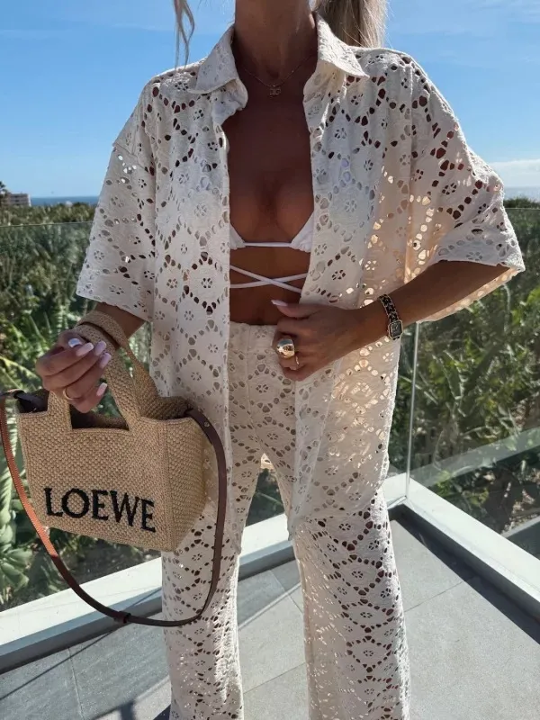 Polo Collar Hollow Lace Short Sleeve Top And Trousers Suit White - Shop at LoveMi