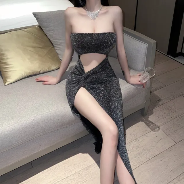 Hollow out Tube Top High Waist Slit Long Skirt Two piece Set Black - Shop at LoveMi