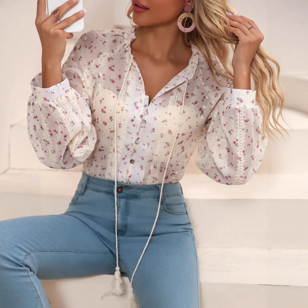 Womens Casual V-Neck Embroidered Shirt With Drawstring Trim - Red