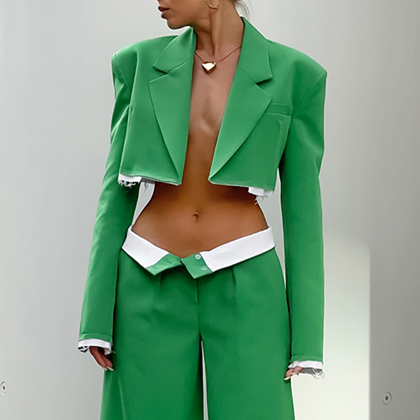 Buckle-free Crop-top Short Top Commuter Wide-leg Pants Suit