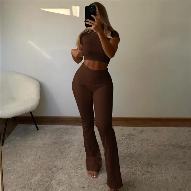 Slim Fit Crop top Short Sleeve T shirt High Waist Tight Casual Trousers Suit Coffee - Shop at LoveMi
