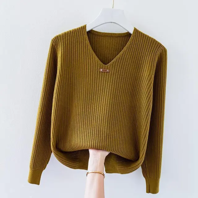 V neck Jersey Women's Long Sleeve Loose Sweater Yellow - Shop at LoveMi