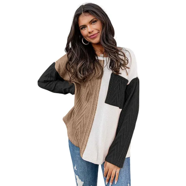 Women's Fashion Color Contrast Round Neck Pullover Black - Shop at LoveMi