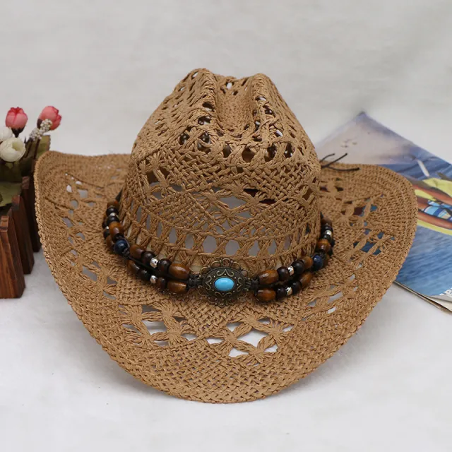 Bohemian Shell Straw Summer Beach Ethnic Style Hollow Sun Hat Khaki - Shop at LoveMi