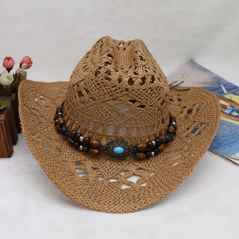 Bohemian Shell Straw Summer Beach Ethnic Style Hollow Sun Hat - Khaki