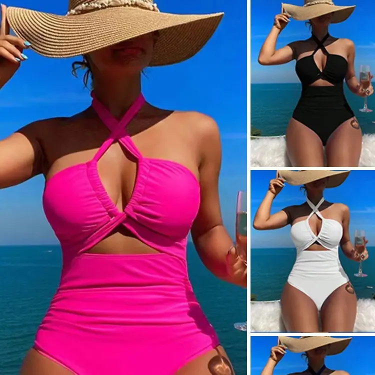 New High-waisted Solid-color Modest One-piece Swimsuit