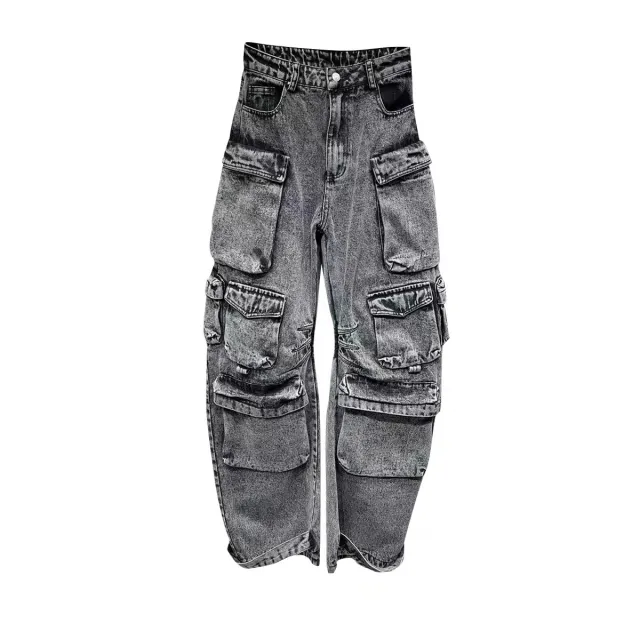 Women's Multi pocket Jeans Fashion Casual Wide leg Trousers Gray - Shop at LoveMi