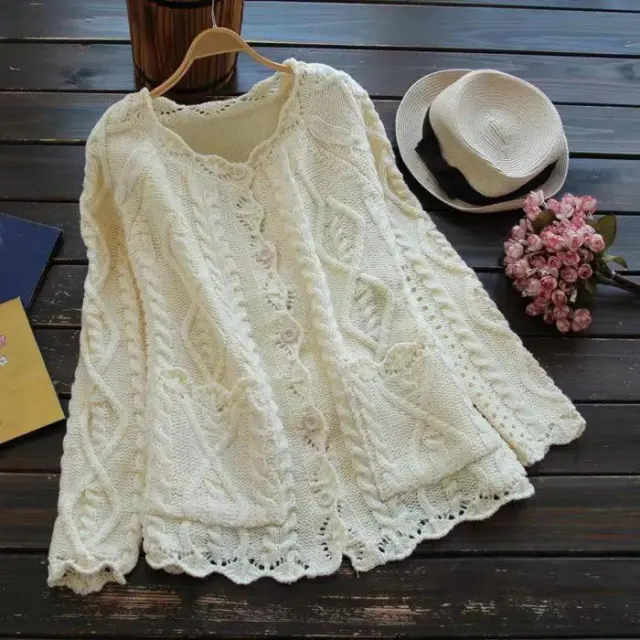 Fresh Mori Women's Hollow Linen Lace Buttons Knitted White - Shop at LoveMi