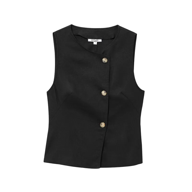 Linen Blend Double Breasted Vest Top With Belt Linen Blend Wide Leg Pants - Top