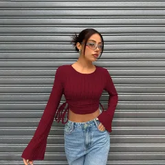 Women's Fashion Trend T-shirt Autumn Winter Street Style Slim Fit Short Top - Wine Red - View 1