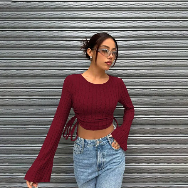Women's Fashion Trend T shirt Autumn Winter Street Style Slim Fit Short Top Wine Red - Shop at LoveMi