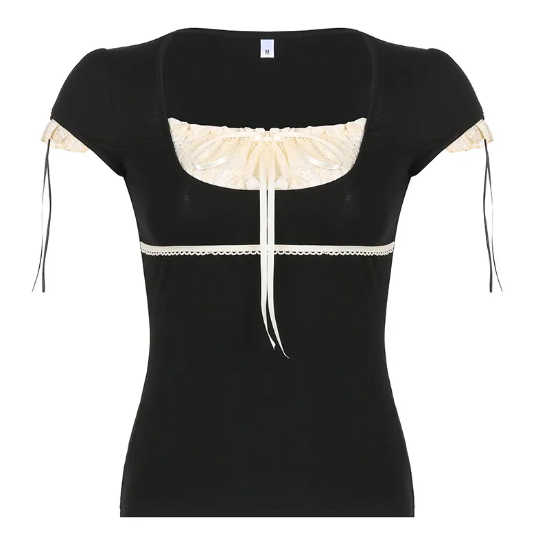 Lace Stitching Bow Square Collar High Waist Short Sleeve T-shirt Top - Black