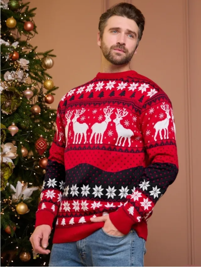 Christmas New Autumn And Winter Couple Wear Men's Clothing Elk Jacquard Long sleeved Sweater Red - Shop at LoveMi