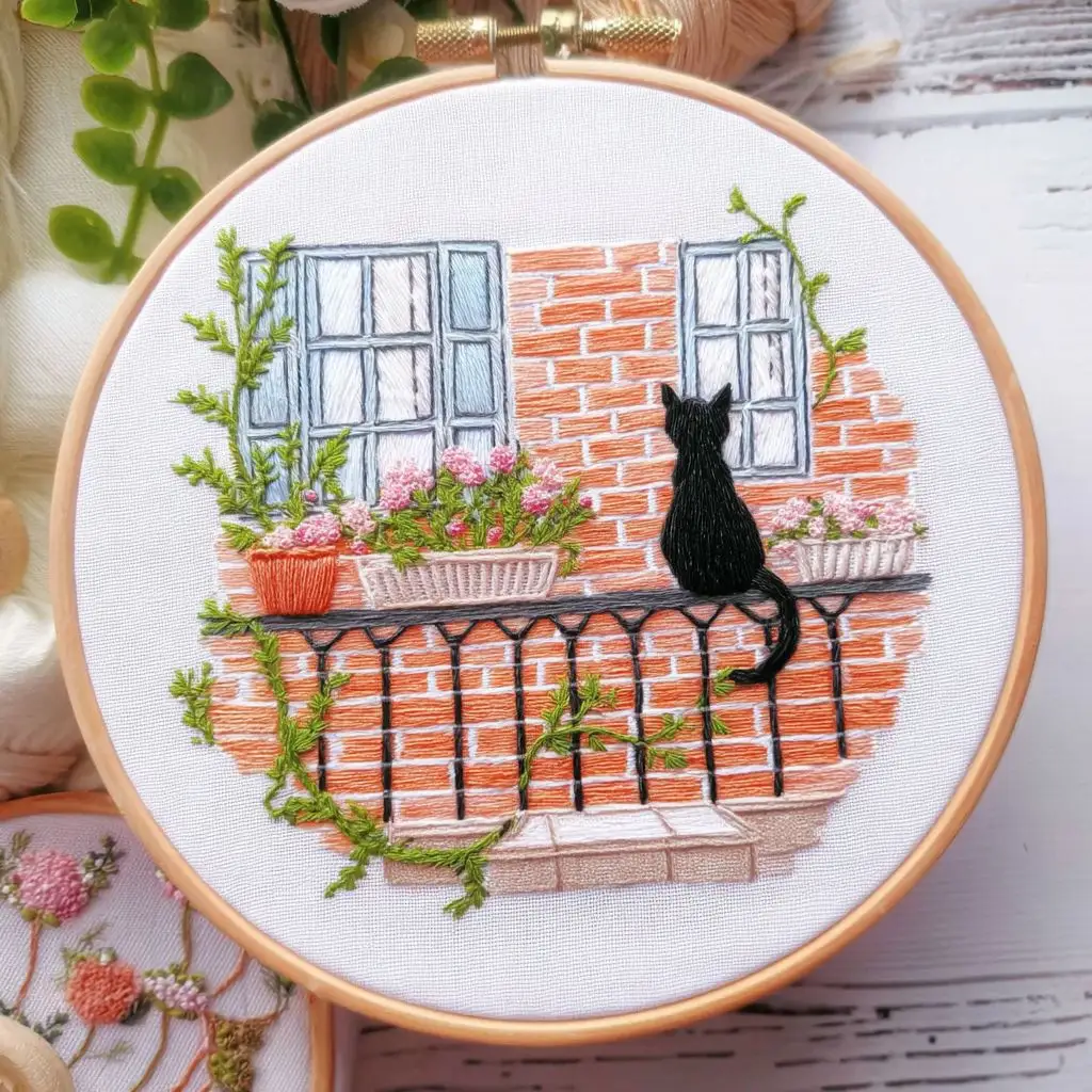 Cat Landscape Embroidery Kit Material Package