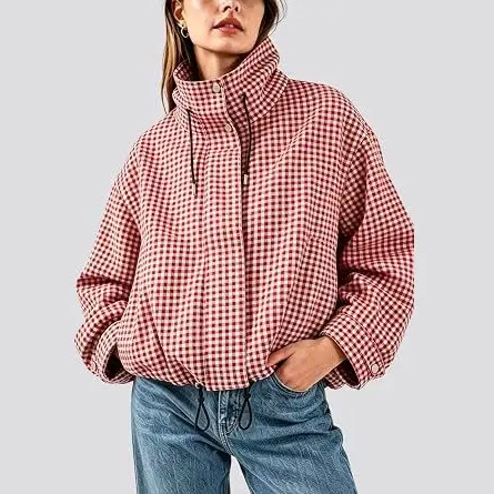 Womens Plaid Stand-Neck Short Long-Sleeve Jacket