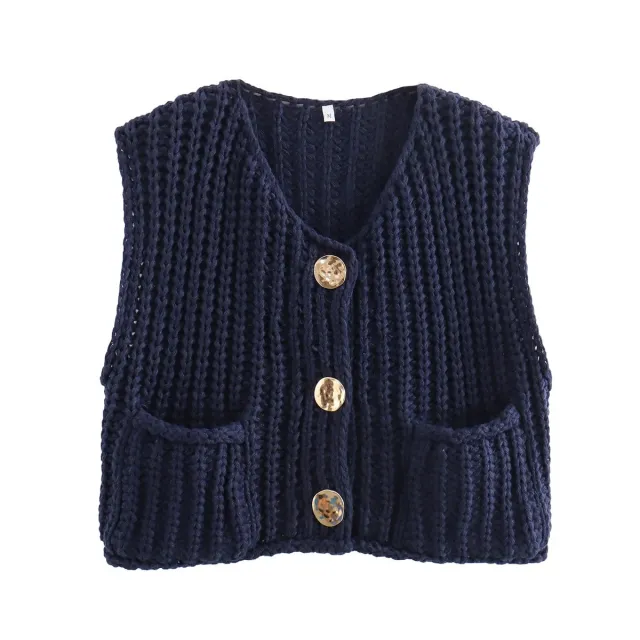 Women's Pocket Sleeveless Short Knitted Cardigan Vest Shirt Blue - Shop at LoveMi