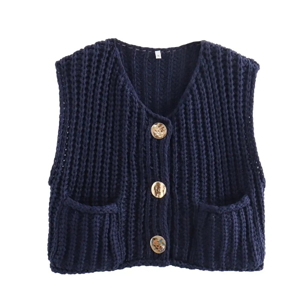 Women's Pocket Sleeveless Short Knitted Cardigan Vest Shirt - Blue