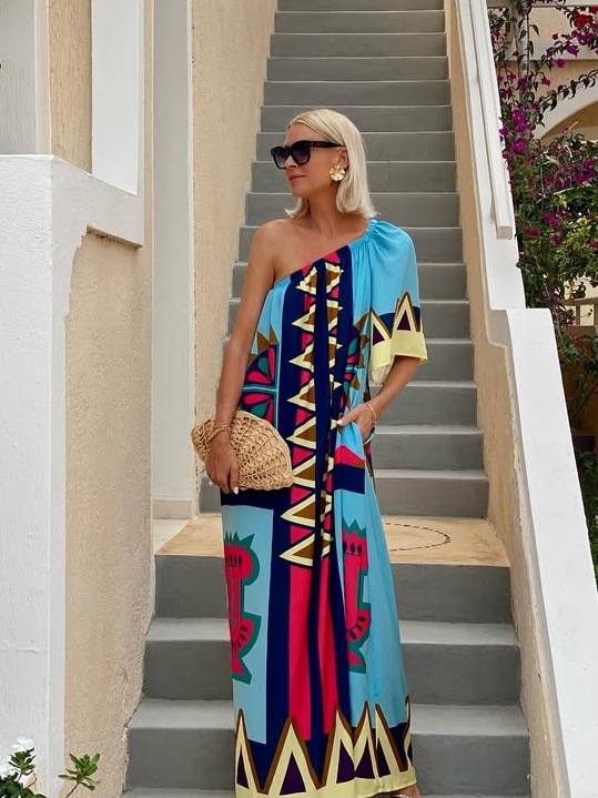 Printed Diagonal Shoulder Vacation Dress Women's Dress Picture Color - Shop at LoveMi