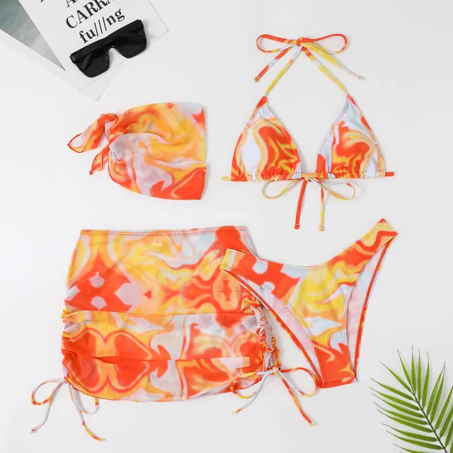 Split Four piece Skirt Tie dyed Bikini Swimsuit White - Shop at LoveMi