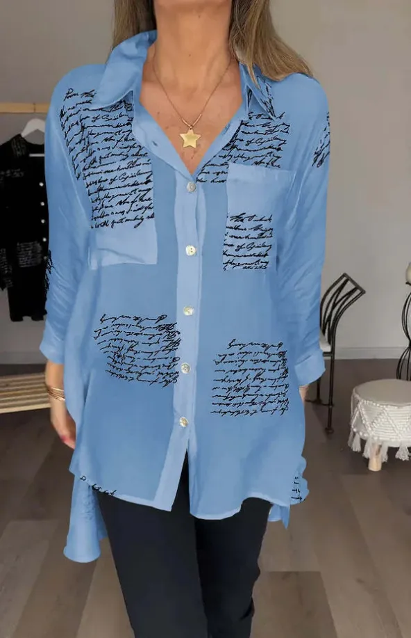 Letter Print Long Sleeve Shirt Fashion Commuter Style Lapel Shirt Women's Clothing Sky Blue - Shop at LoveMi
