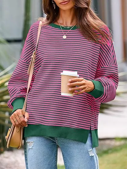 Waffle Knitted Long Sleeve Crew Neck Split Pullover Sweater Orange Red - Shop at LoveMi