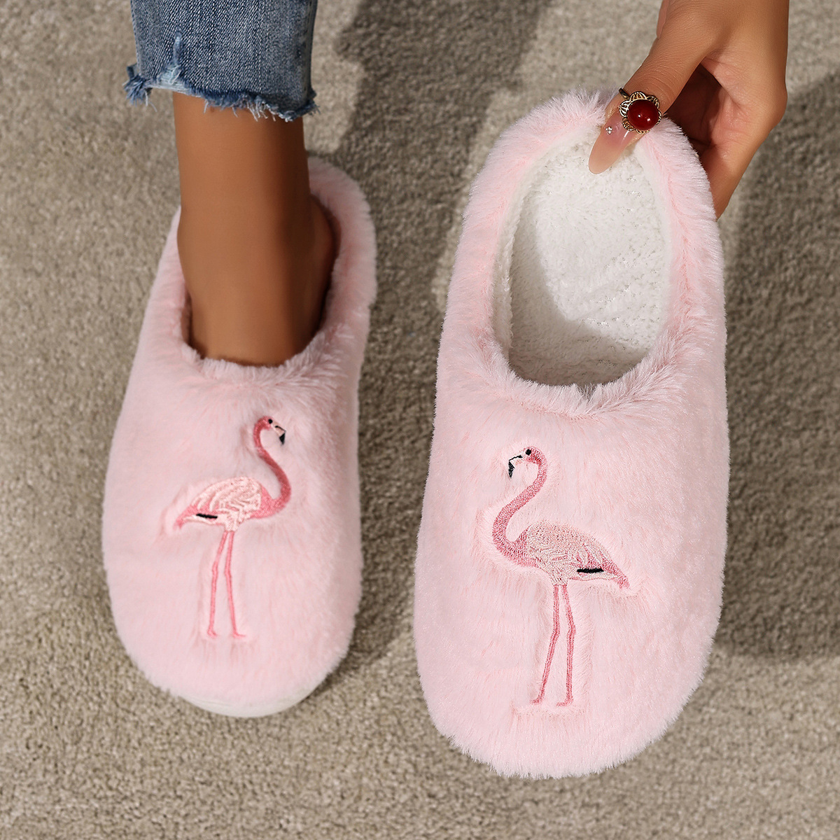 Flamingo Print Plush Slippers Thick Sole Warm Winter House Shoes For Couples Non-Slip Soft Indoor Footwear
