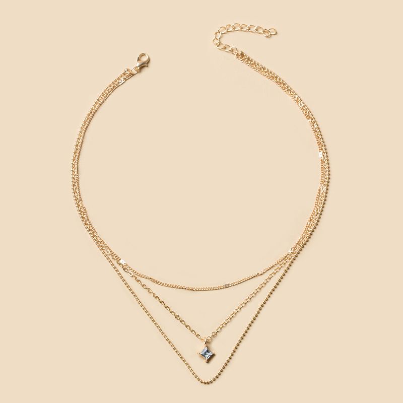 Fashion Simple Multi-layer Metal Chain Square Diamond Girl