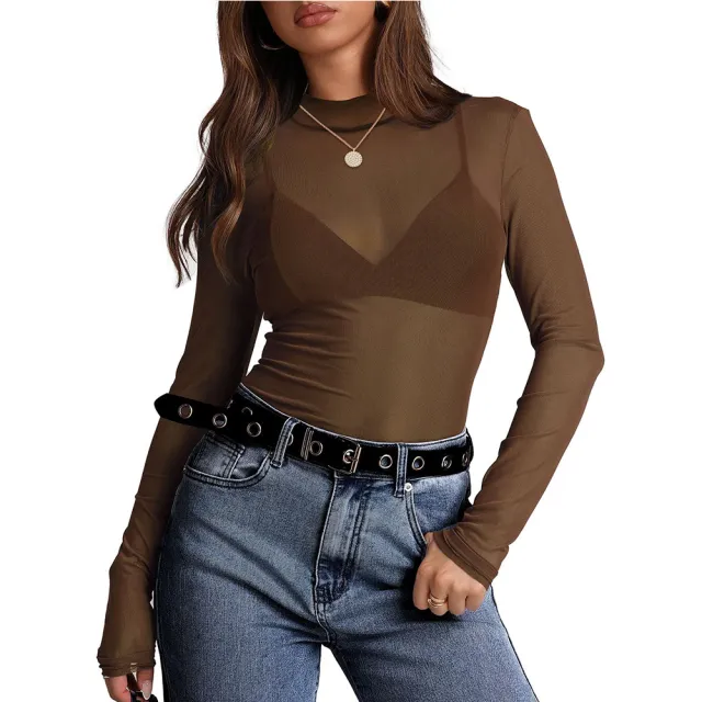 Women's Semi High Neck Sheer Long Sleeve TShirt Sexy Y2K Mesh Top Pure Brown - Shop at LoveMi