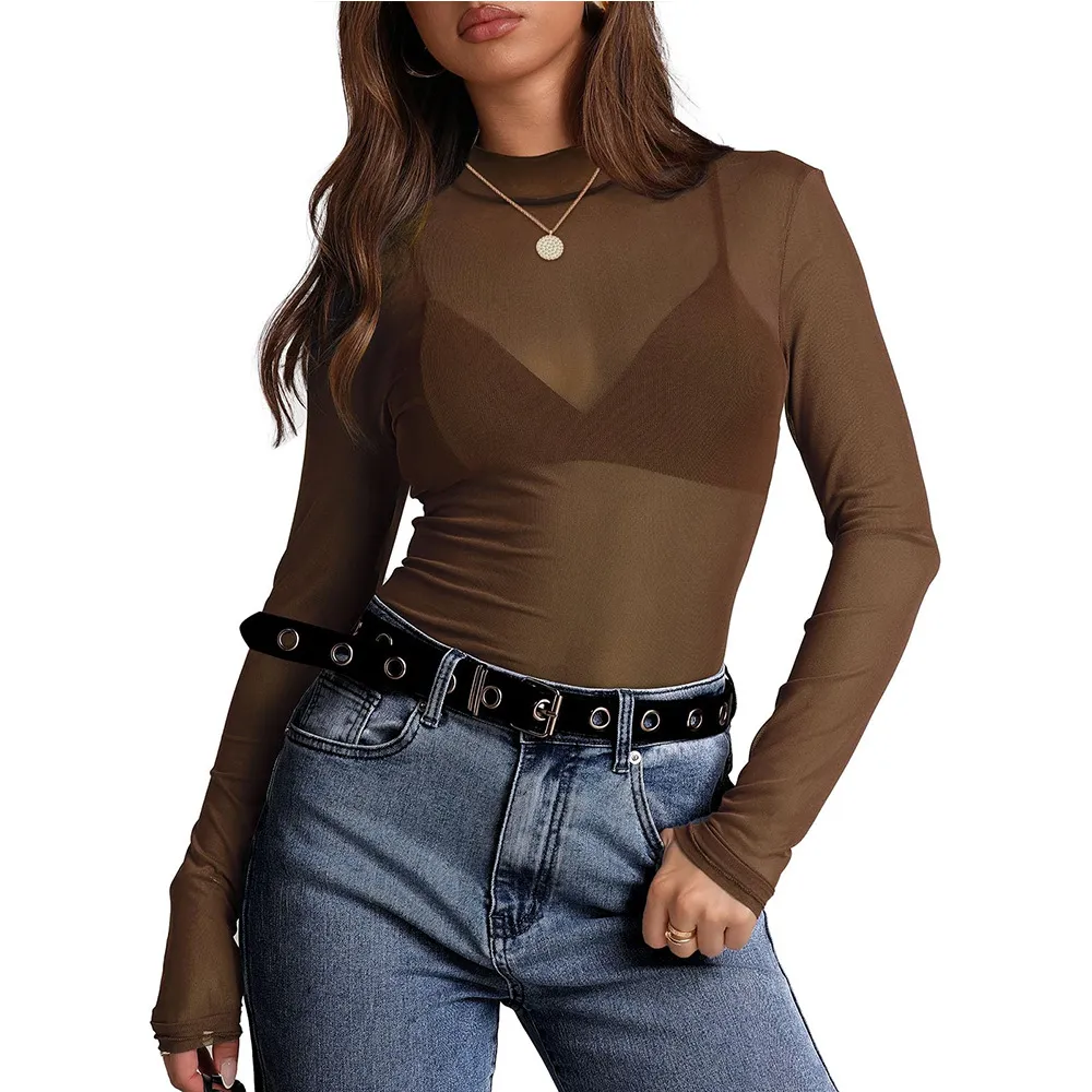 Women's Semi High Neck Sheer Long Sleeve TShirt Sexy Y2K Mesh Top - Pure Brown