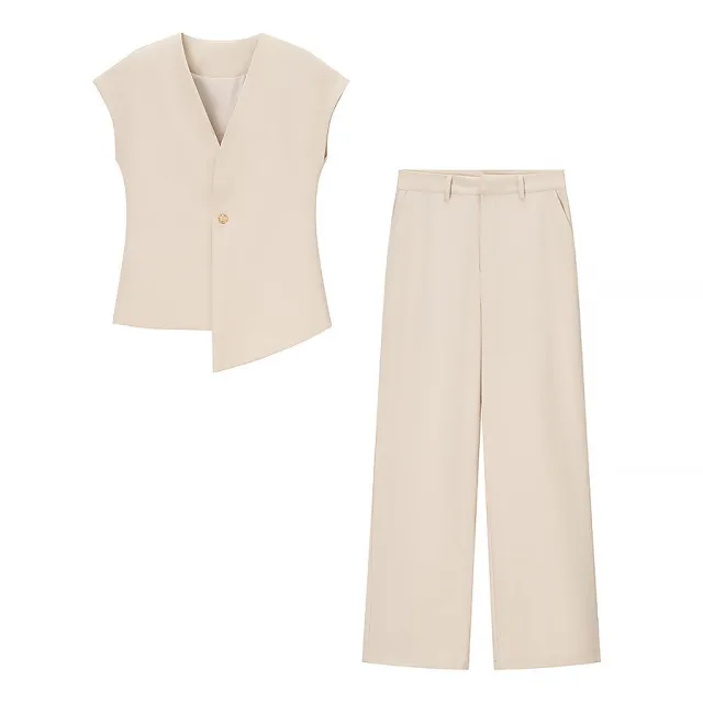 European And American Fashion Minimalist Irregular Vest Casual Trousers Suit Beige - Shop at LoveMi
